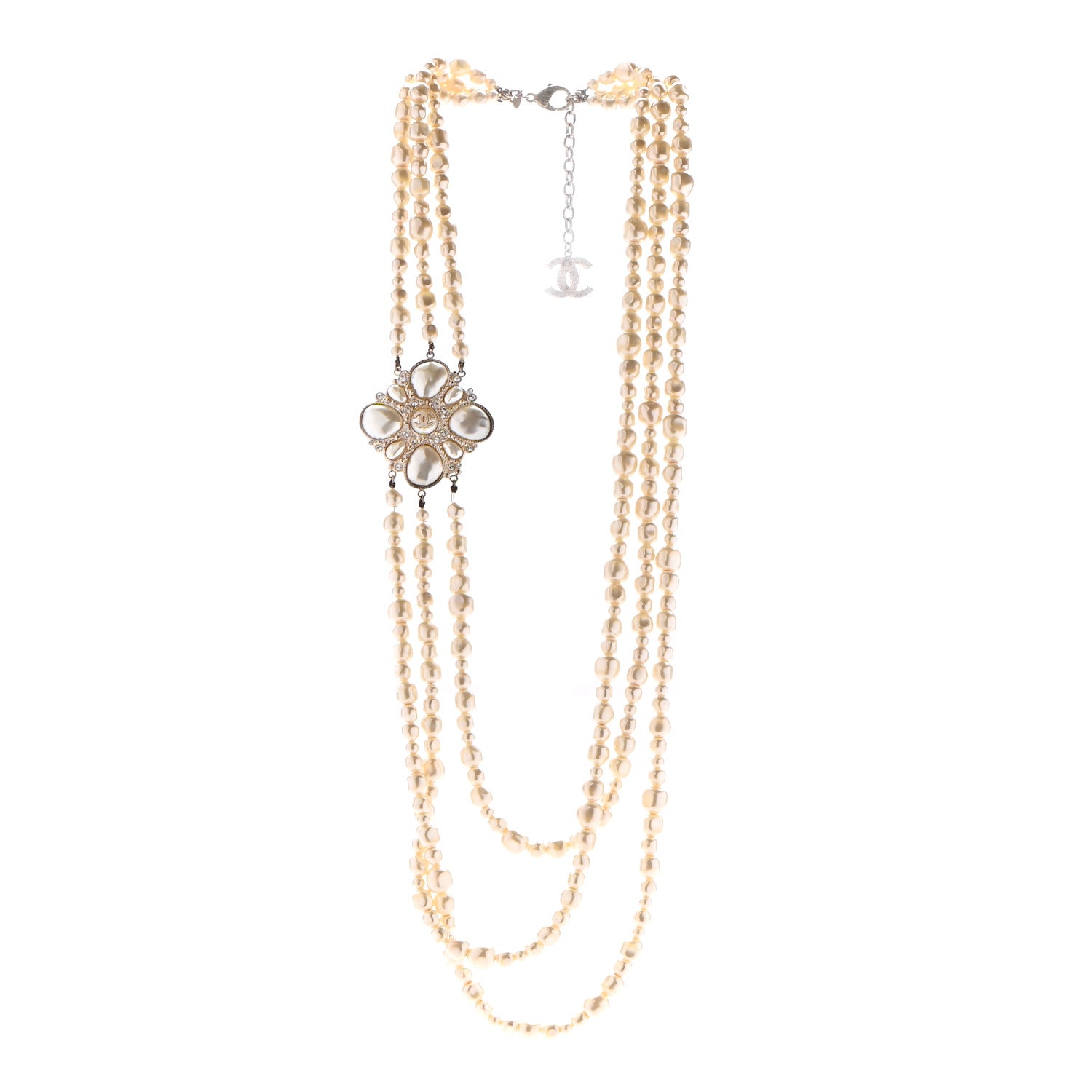 Chanel Graduated Pearl Crystal CC Multi Strand Necklace Gold 3 of 10