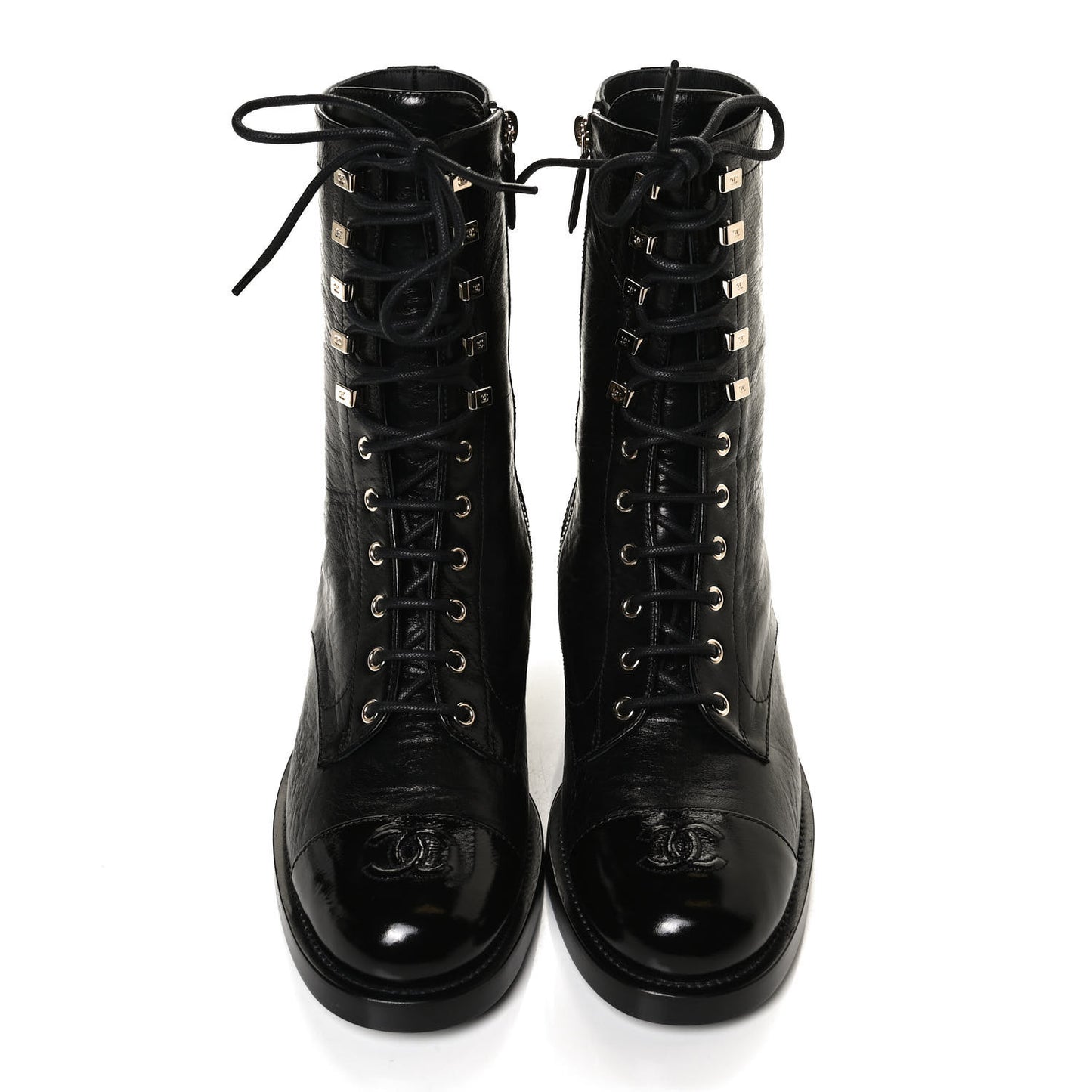 Crumpled Lambskin Shiny Calfskin Lace Up Combat Boots 40.5 Black