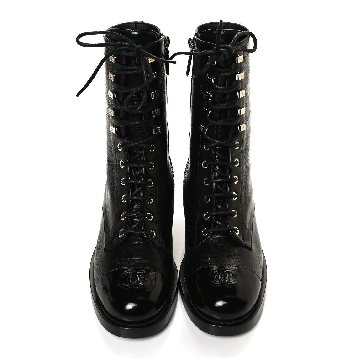 Chanel Crumpled Lambskin Shiny Calfskin Lace Up Combat Boots 40.5 Black 5 of 10