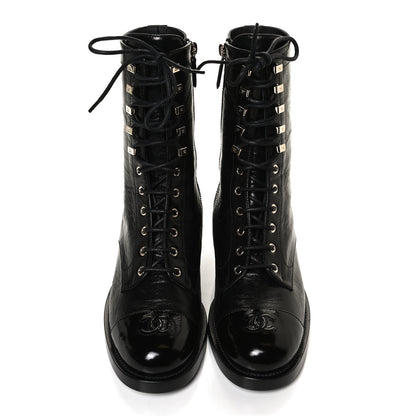 Chanel Crumpled Lambskin Shiny Calfskin Lace Up Combat Boots 40.5 Black 5 of 10