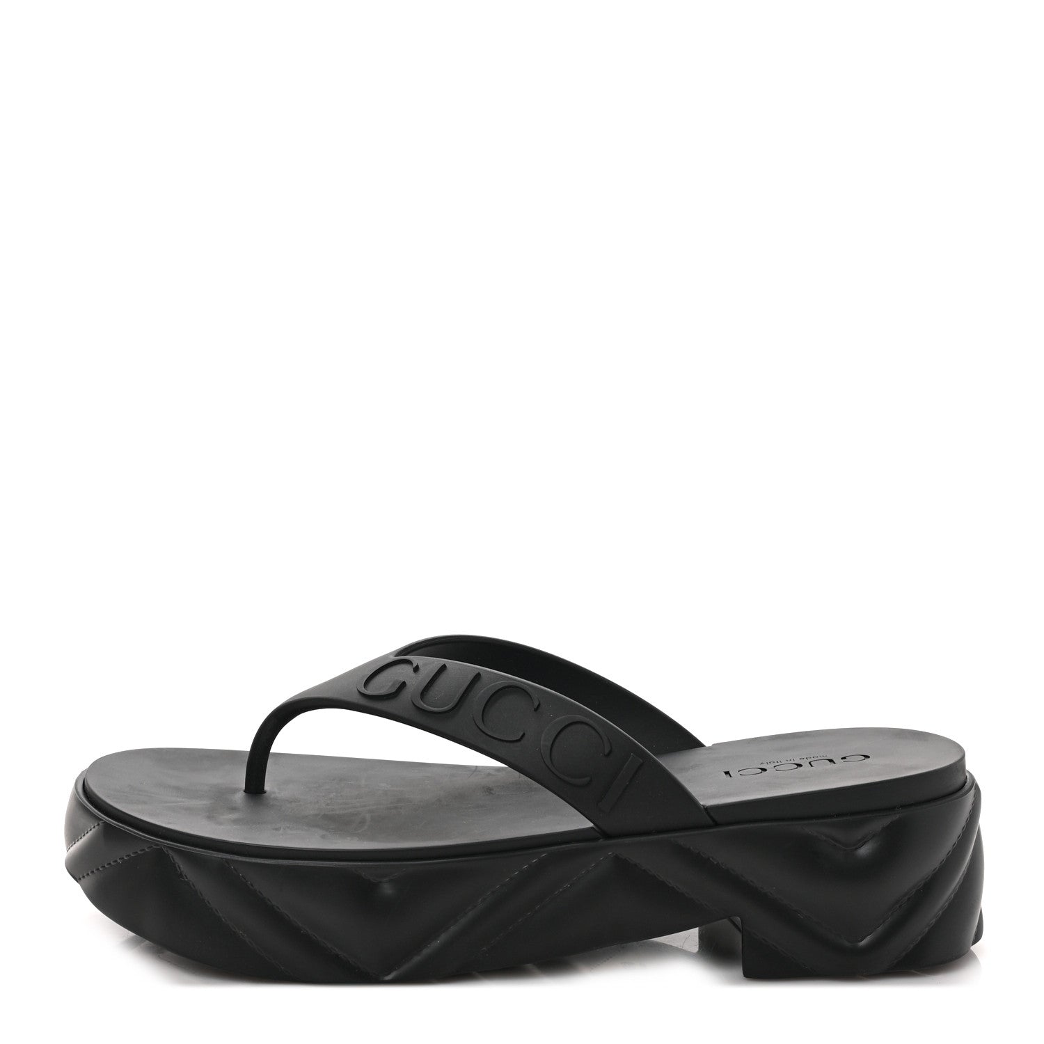 Gucci Rubber Chevron Logo Embossed Womens Thong Platform Sandals 38 Black 1 of 7