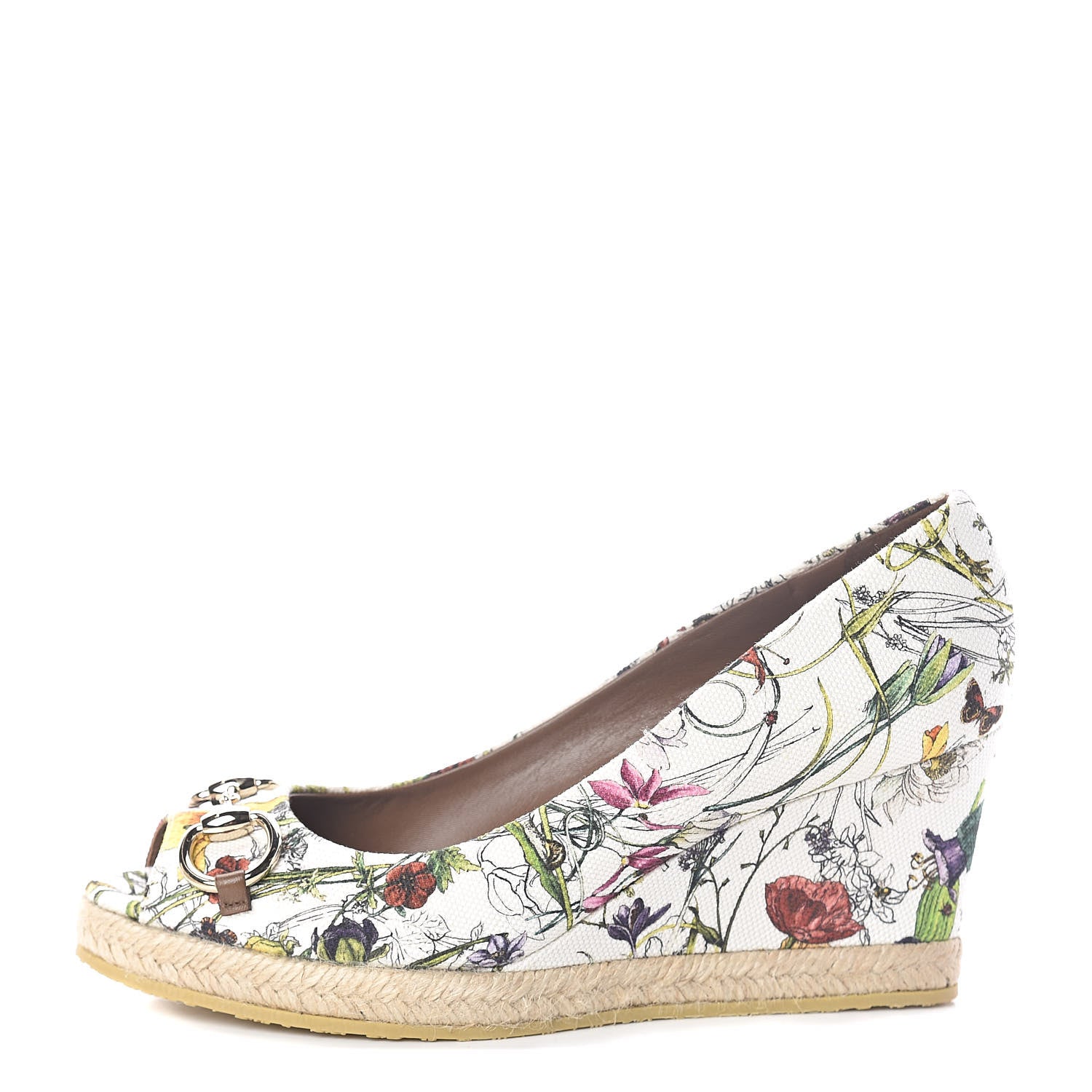 Gucci Canvas Flora Infinity Horsebit Peep Toe Wedges 38 White Multicolor Acero 1 of 6
