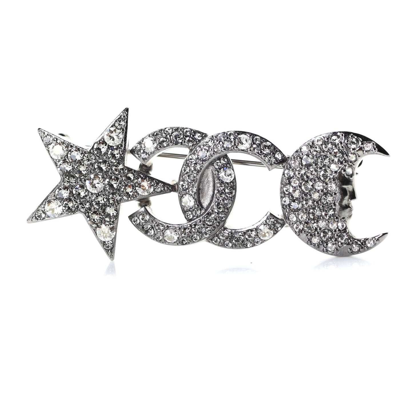 Ruthenium Crystal CC Moon Star Brooch Grey
