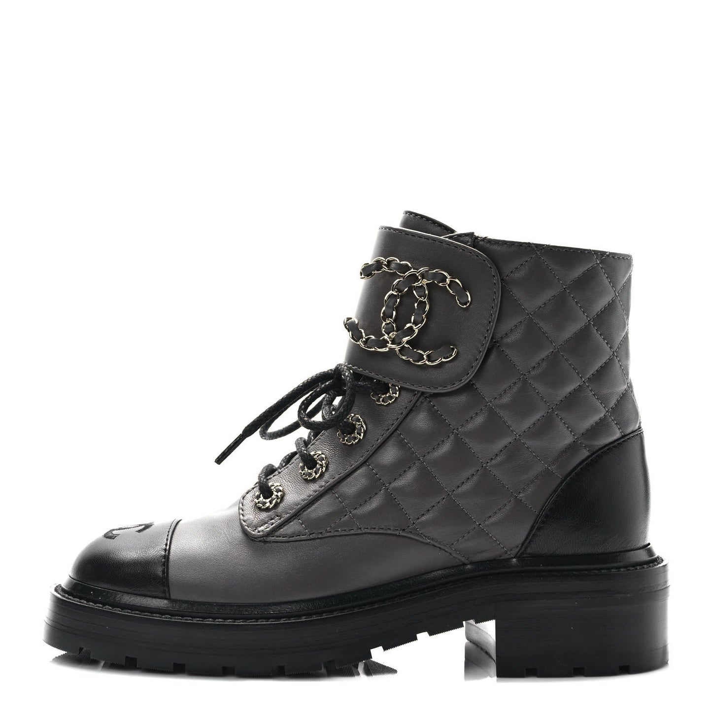 Shiny Lambskin Quilted Lace Up Combat Boots 36 Grey Black