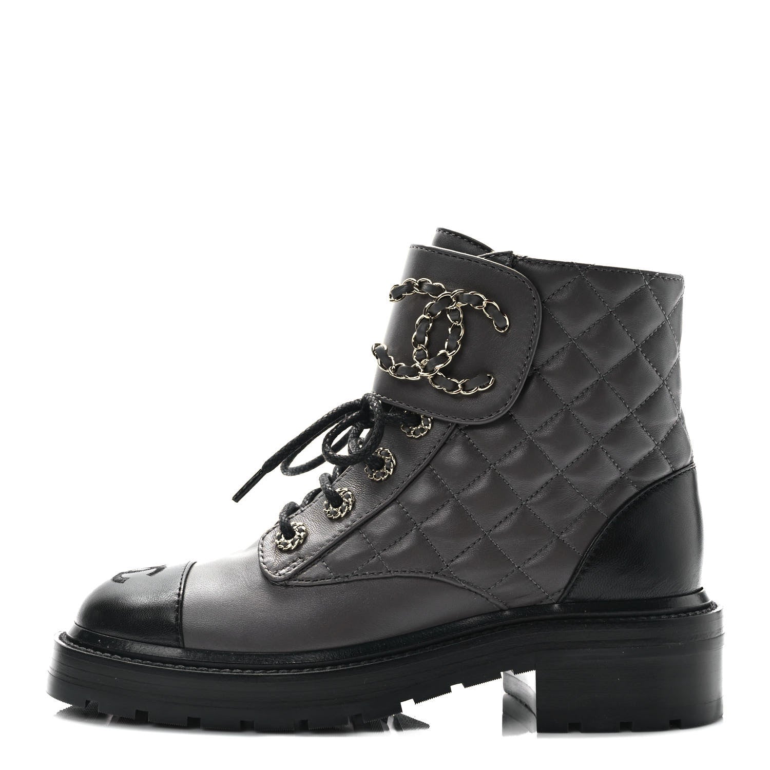 Chanel Shiny Lambskin Quilted Lace Up Combat Boots 36 Grey Black 1 of 11