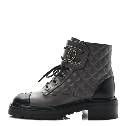 Chanel Shiny Lambskin Quilted Lace Up Combat Boots 36 Grey Black 1 of 11