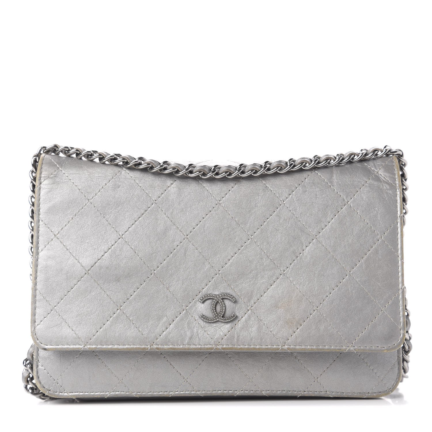 Chanel Metallic Aged Calfskin Quilted Wallet On Chain WOC Silver 1 of 13