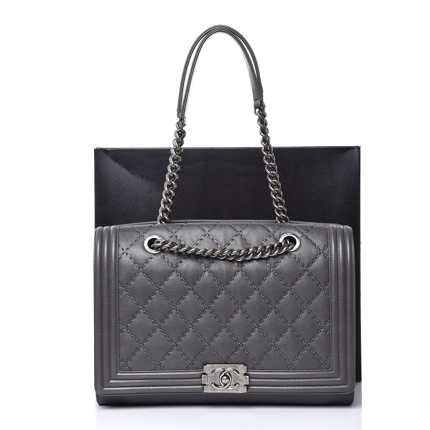 Chanel Calfskin Stitched Large Boy Shopping Tote Grey 8 of 8
