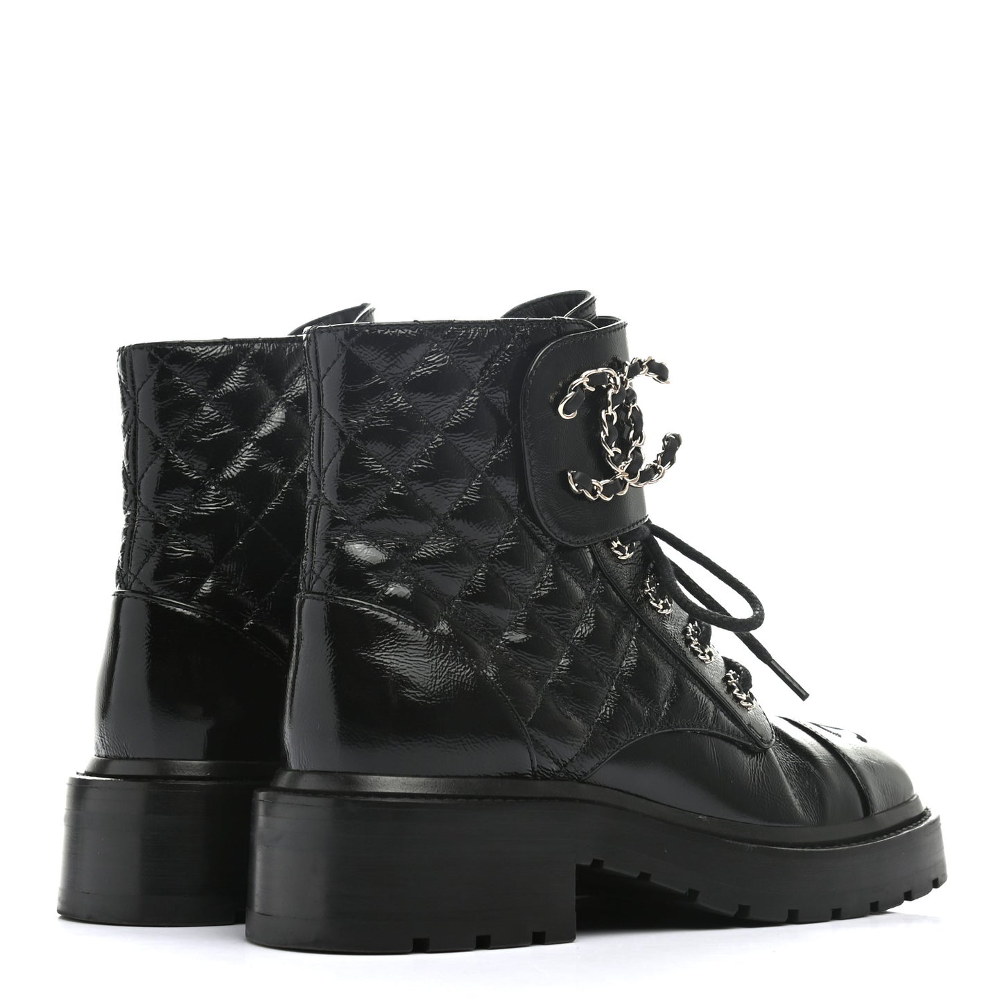 Shiny Calfskin Quilted Lace Up Combat Boots 35 Black