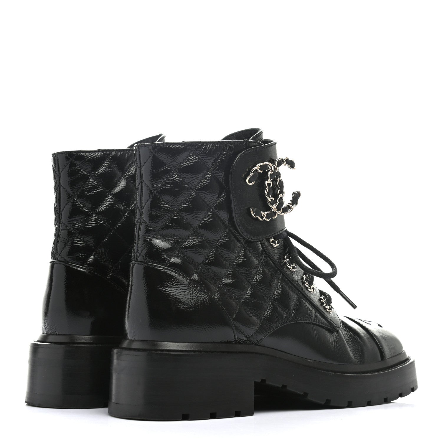 Chanel Shiny Calfskin Quilted Lace Up Combat Boots 35 Black 3 of 12