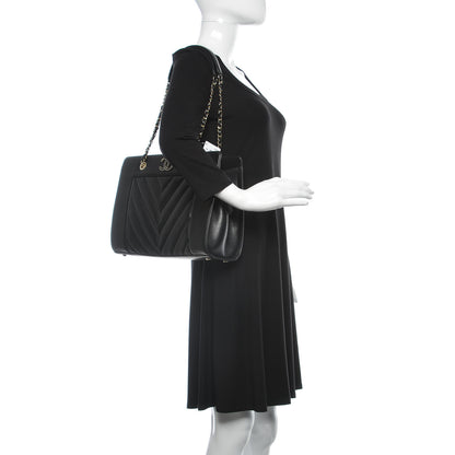 Chanel Sheepskin Chevron Quilted Mademoiselle Vintage Shopping Tote Black 2 of 10