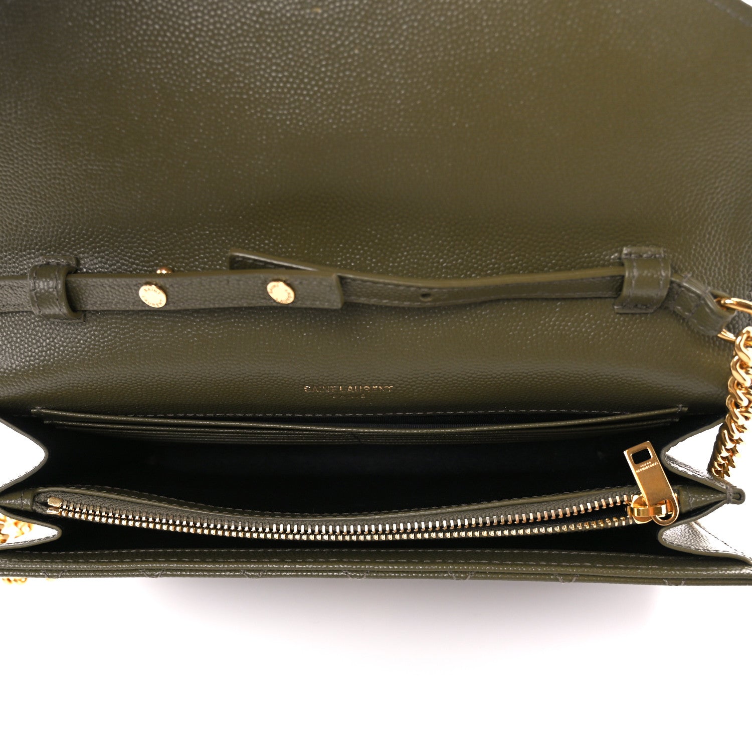 Saint Laurent Grain De Poudre Mixed Matelasse Triquilt Monogram Chain Wallet Kaki 5 of 11