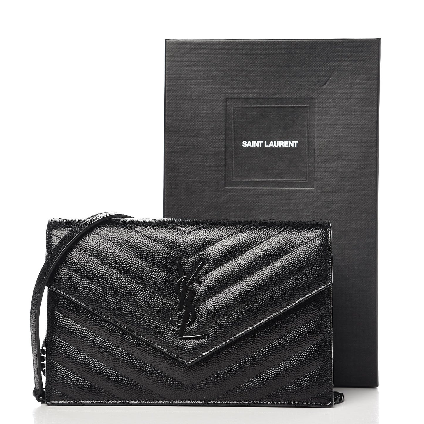 Grain De Poudre Matelasse Chevron Monogram Envelope Chain Wallet Black