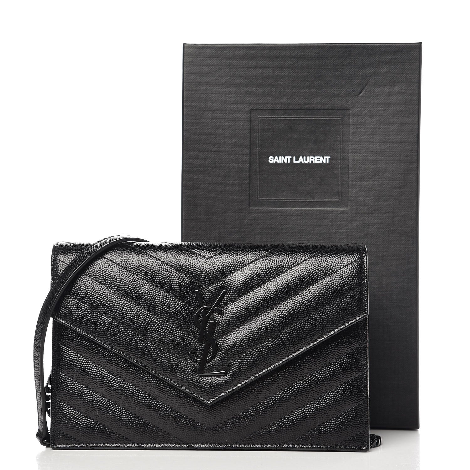 Saint Laurent Grain De Poudre Matelasse Chevron Monogram Envelope Chain Wallet Black 9 of 9