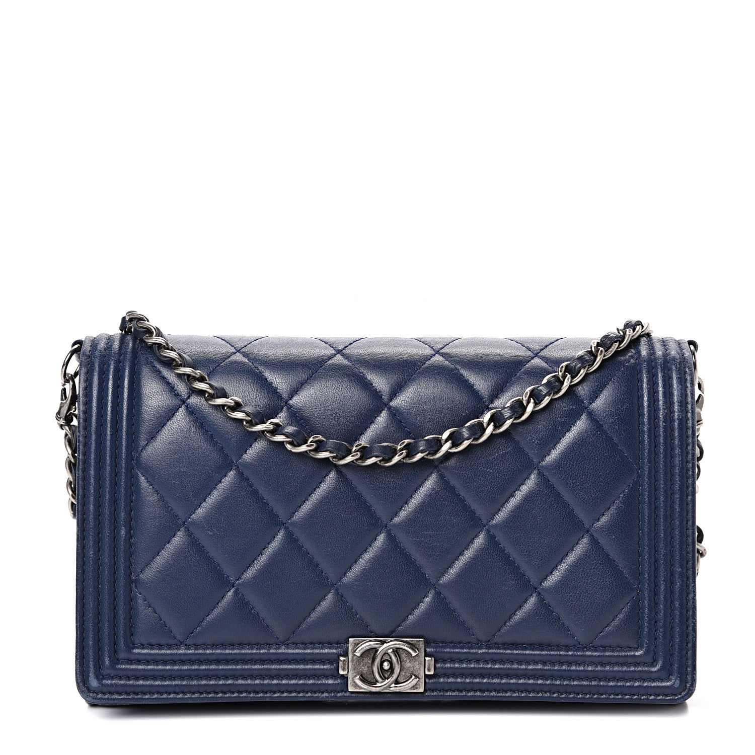 Chanel Lambskin Quilted Boy Wallet On Removable Chain WOC Navy Blue 1 of 18