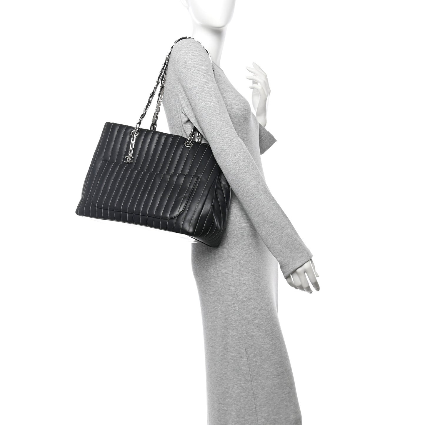 Lambskin Vertical Quilted Large Mademoiselle Tote Black