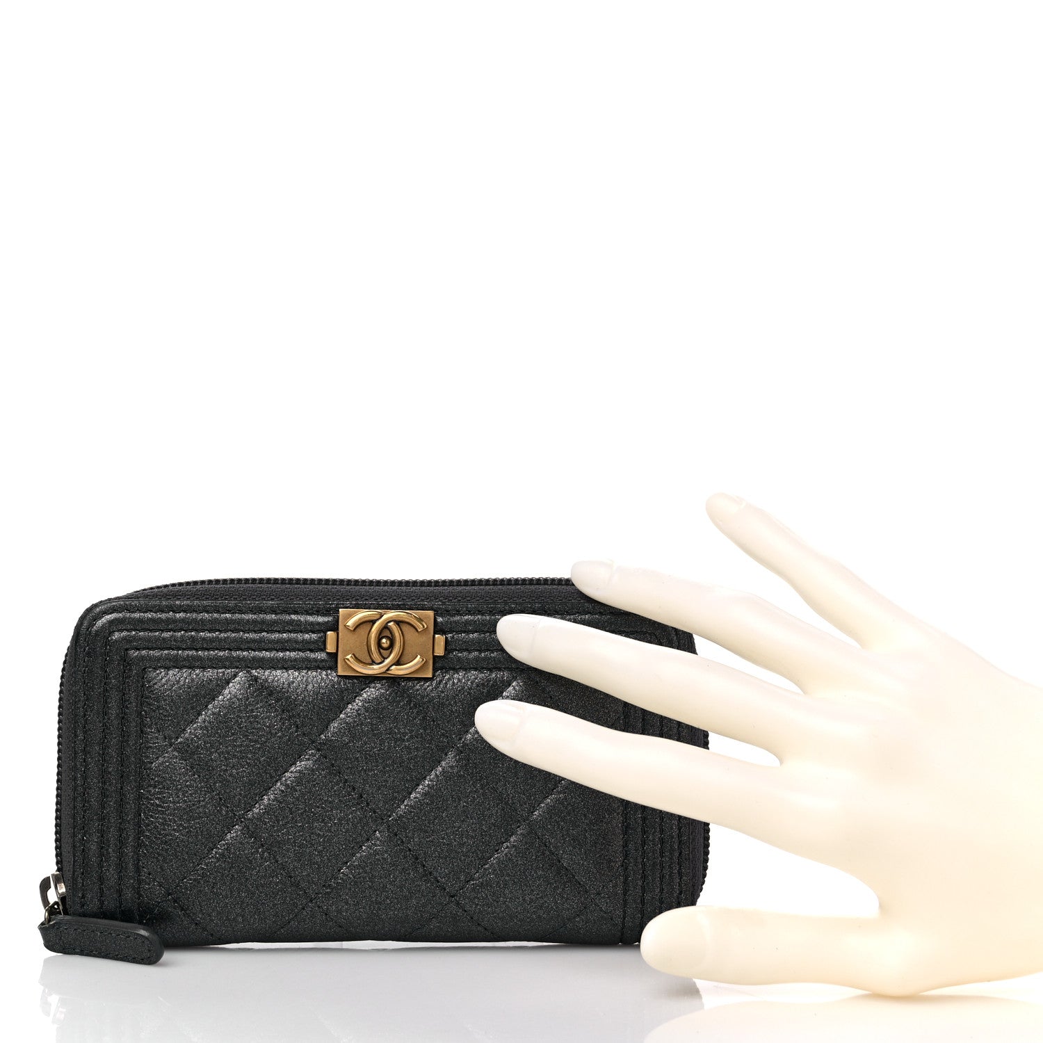 Chanel Metallic Calfskin Quilted Small Boy Zip Around Wallet Charcoal 2 of 11