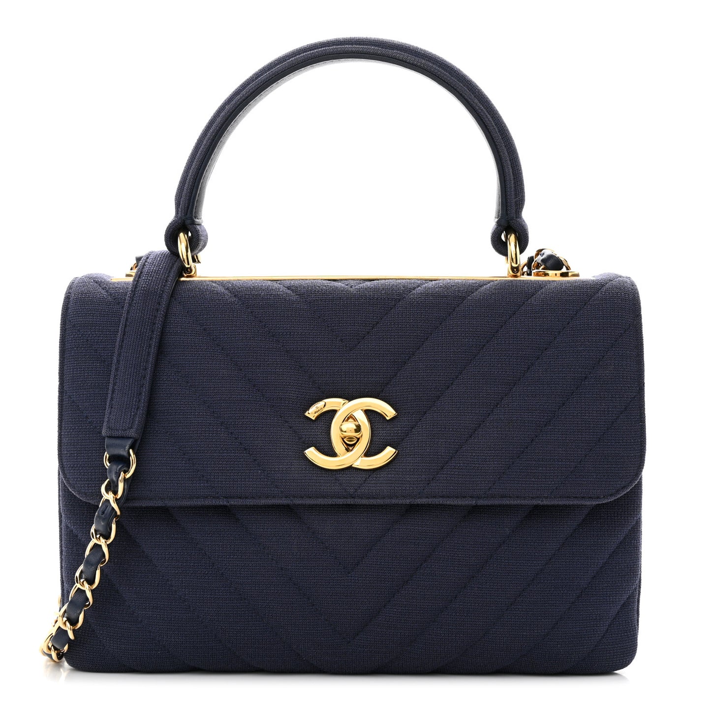 Jersey Chevron Quilted Small Trendy CC Dual Handle Flap Bag Navy Blue