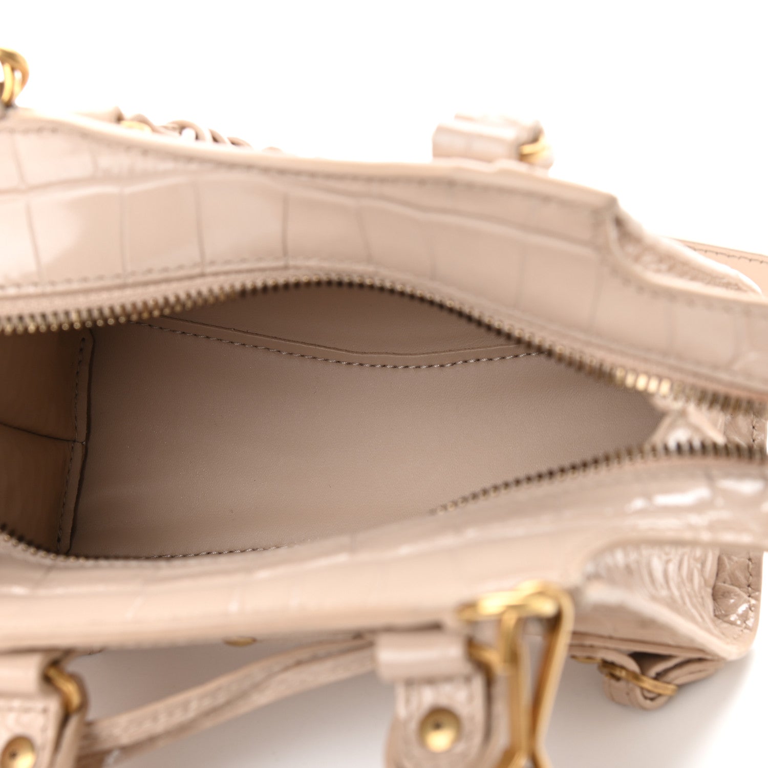 Balenciaga Shiny Supple Calfskin Crocodile Embossed Neo Classic Gold Hardware Nano City Crossbody Light Beige 4 of 6