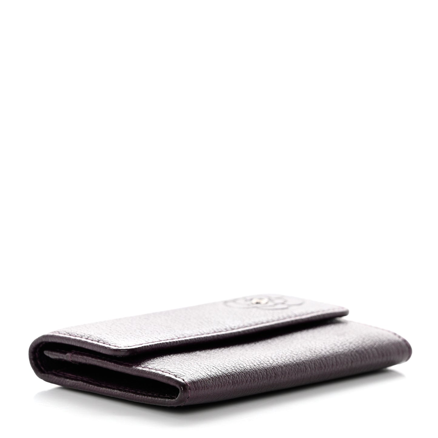 Goatskin Embossed Camellia Flap Card Holder Purple