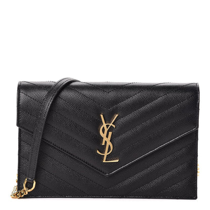 Saint Laurent Grain De Poudre Matelasse Chevron Monogram Envelope Chain Wallet Black 1 of 11
