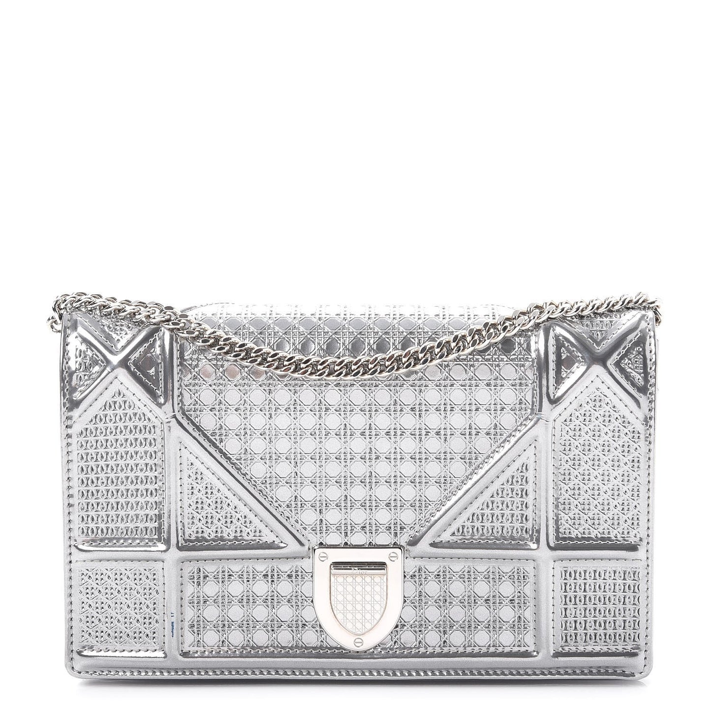 Metallic Patent Micro-Cannage Diorama Wallet on Chain Pouch Silver