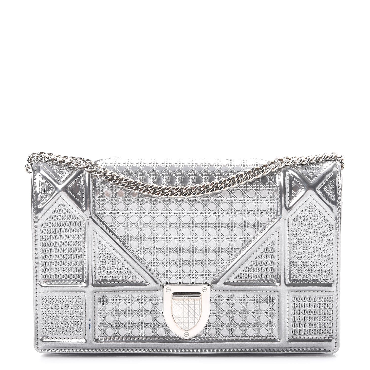 Christian Dior Metallic Patent Micro-Cannage Diorama Wallet on Chain Pouch Silver 1 of 10