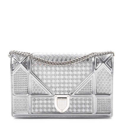 Christian Dior Metallic Patent Micro-Cannage Diorama Wallet on Chain Pouch Silver 1 of 10