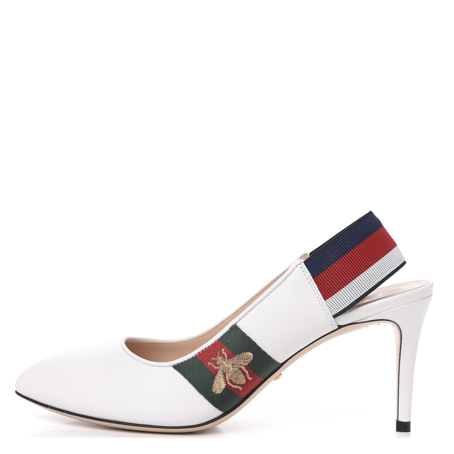 Gucci Malaga Kid Web Sylvie Mid Heel Slingback Pumps 38 White 1 of 9