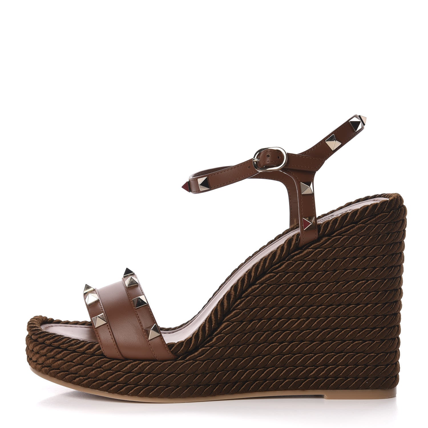 Valentino Garavani Calfskin Rockstud Torchon Espadrille 25/115mm Wedge Sandals 40 Cuoio 1 of 8