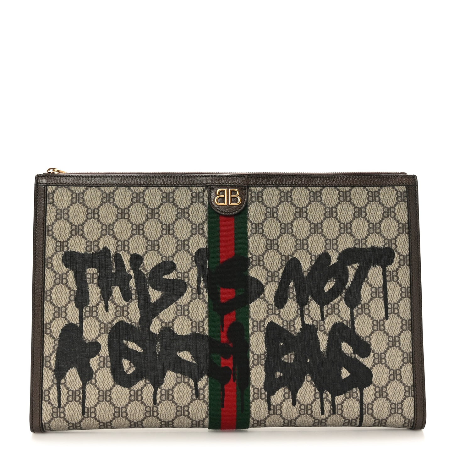 X BALENCIAGA BB Monogram Web Graffiti Ophidia Laptop Pouch Beige New Acero