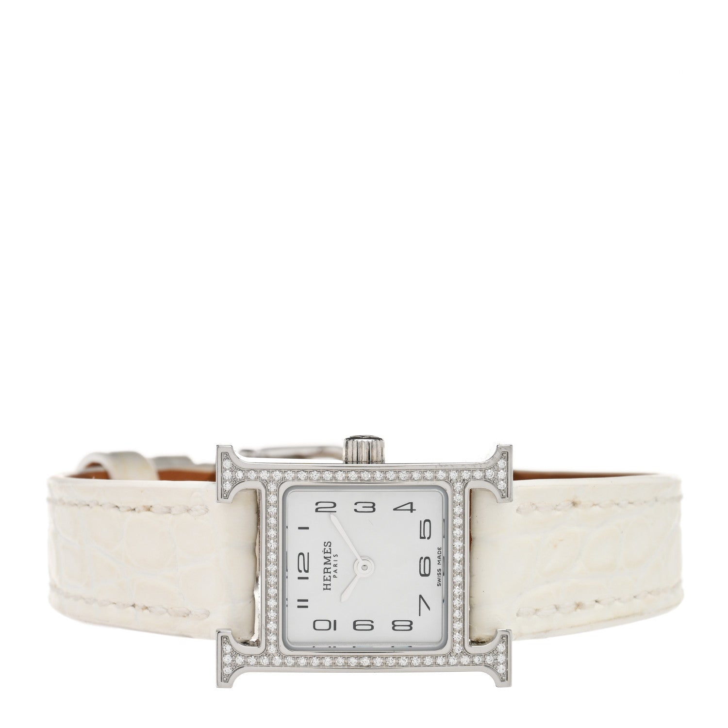 Hermes Stainless Steel Alligator Diamond Bezel Mother of Pearl 17.2mm Heure H Hour Quartz Watch Blanc 2 of 5
