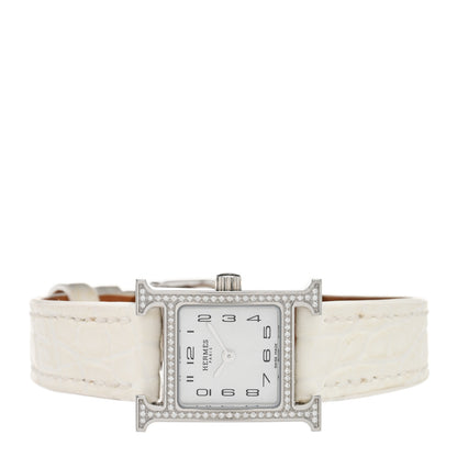 Hermes Stainless Steel Alligator Diamond Bezel Mother of Pearl 17.2mm Heure H Hour Quartz Watch Blanc 2 of 5