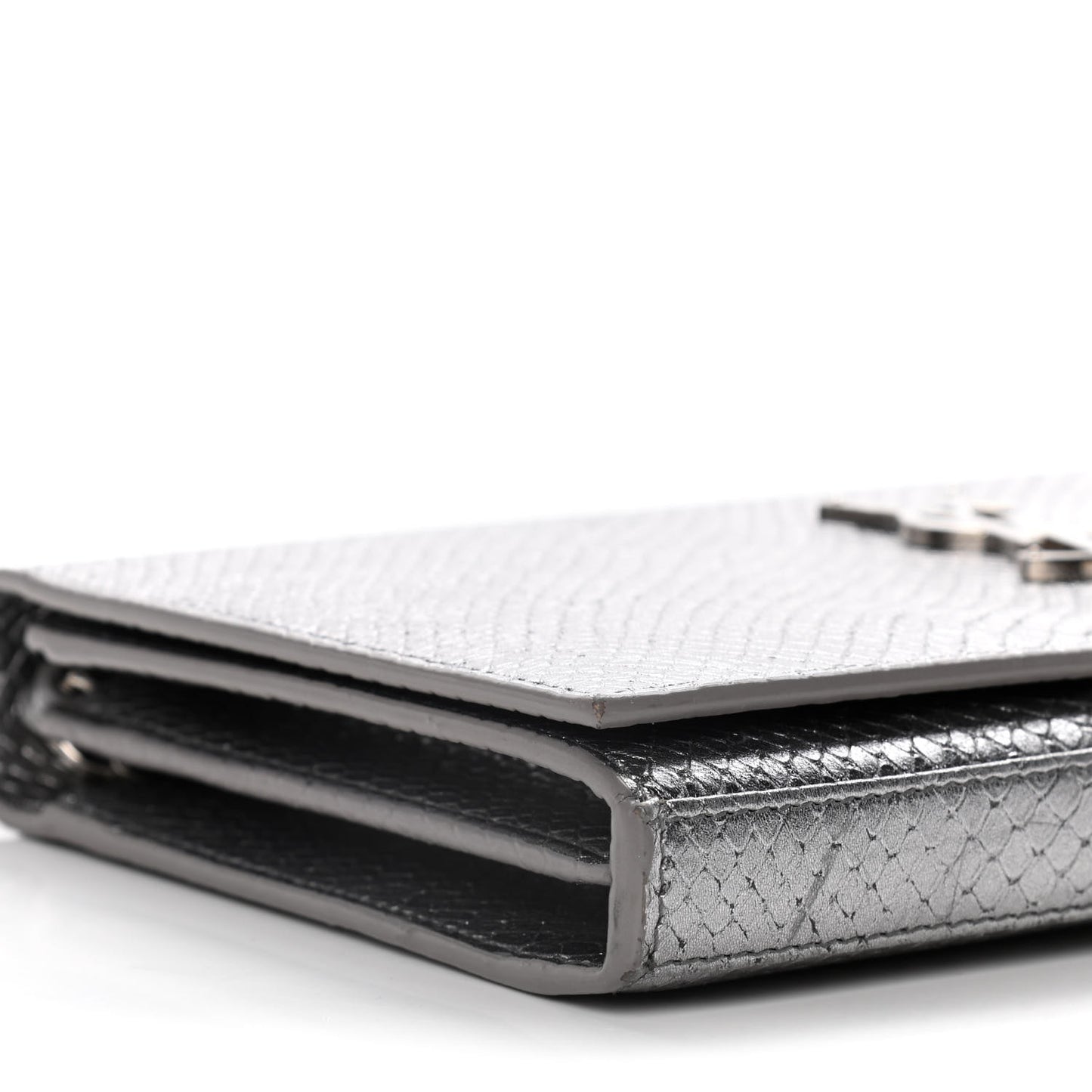 Metallic Calfskin Python Embossed Monogram Chain Wallet Silver