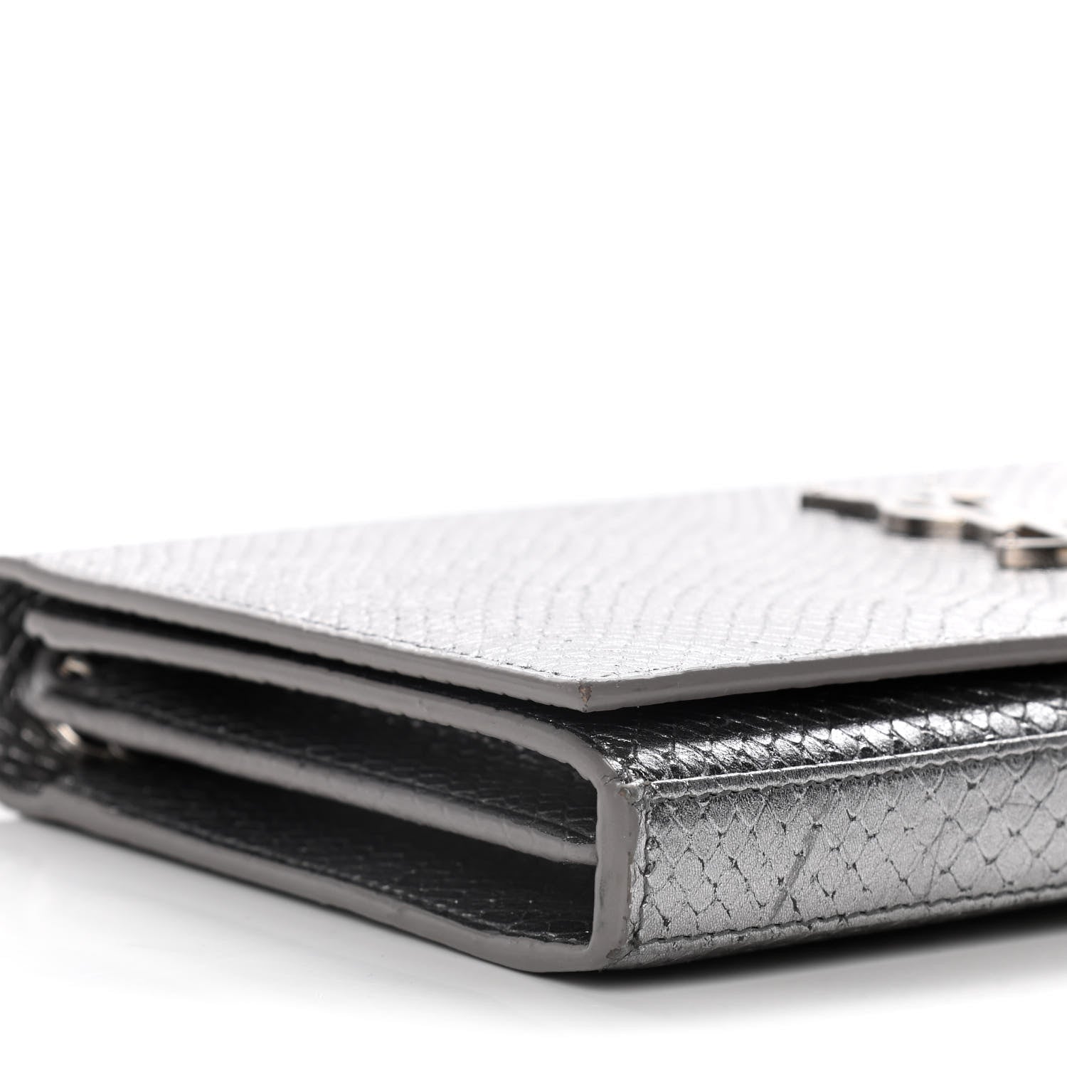 Saint Laurent Metallic Calfskin Python Embossed Monogram Chain Wallet Silver 9 of 17