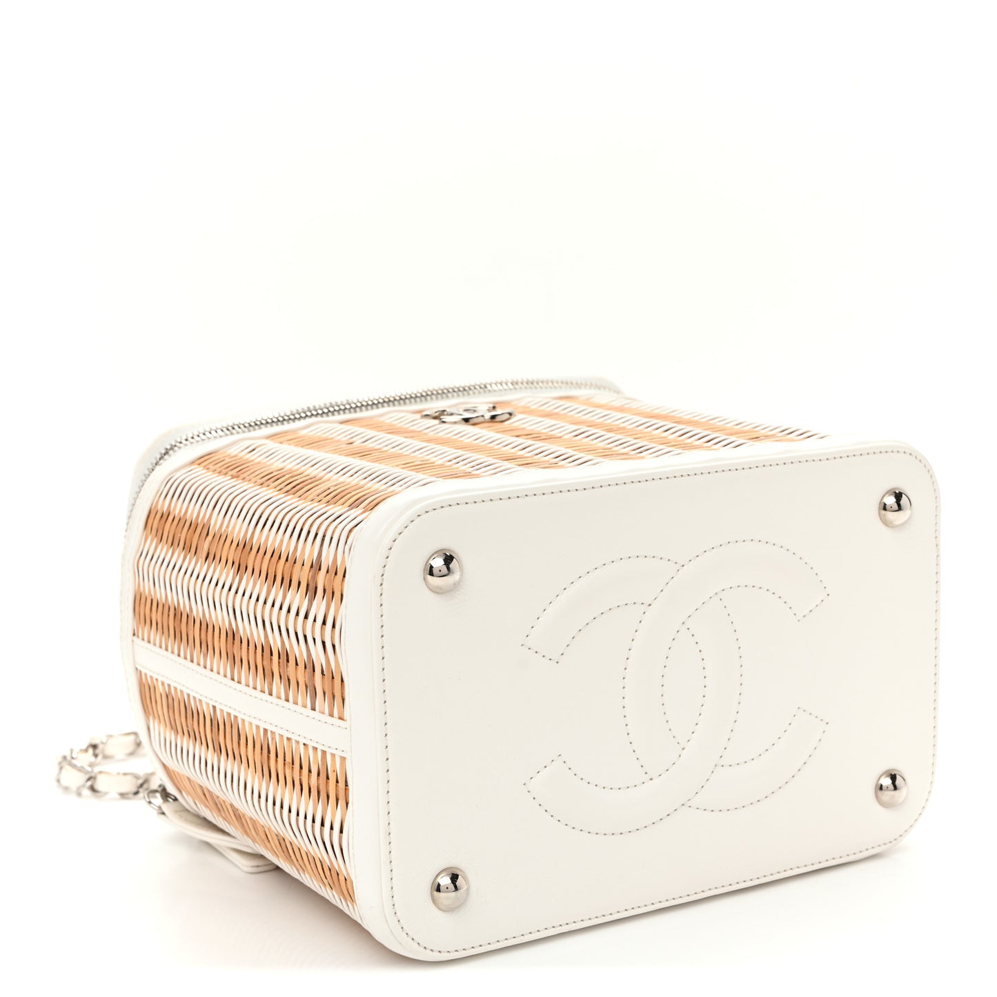 Glazed Calfskin Raffia Vanity Case Bag White Beige
