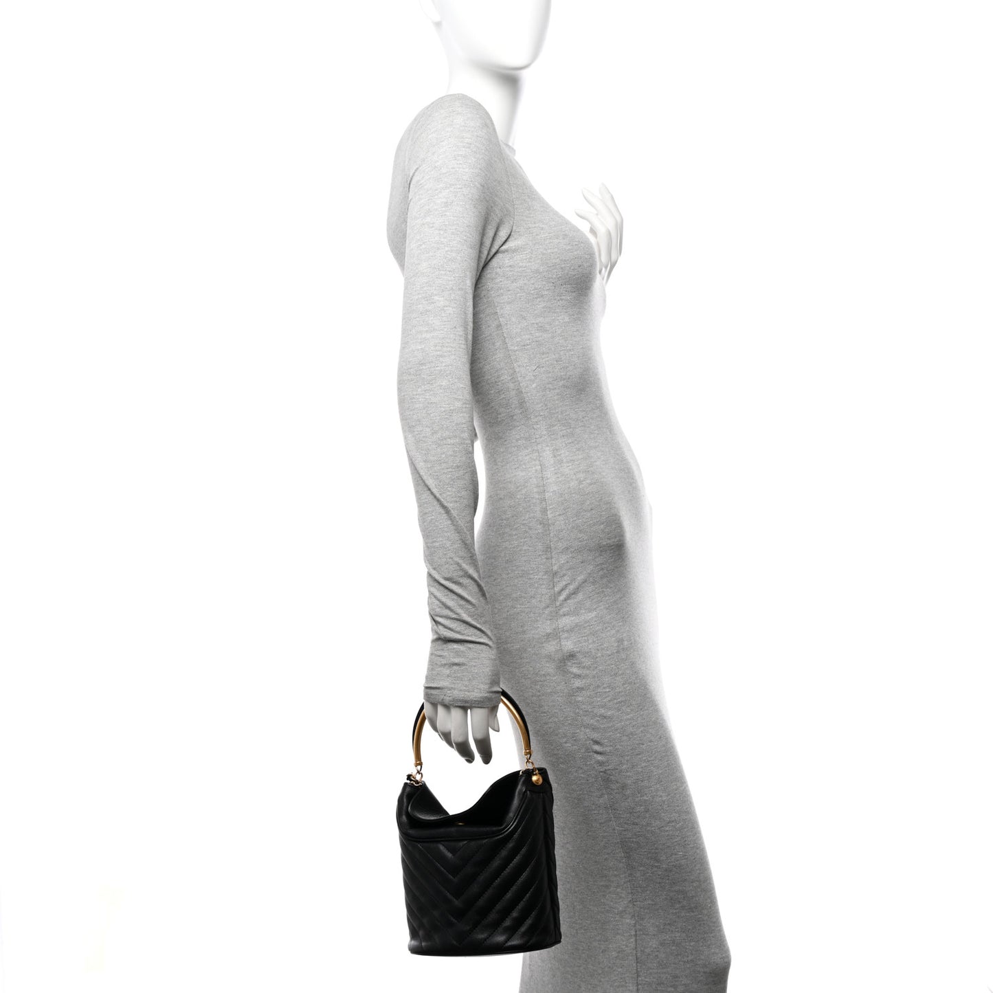 Lambskin Chevron Quilted Handle With Chic Bucket Bag Black