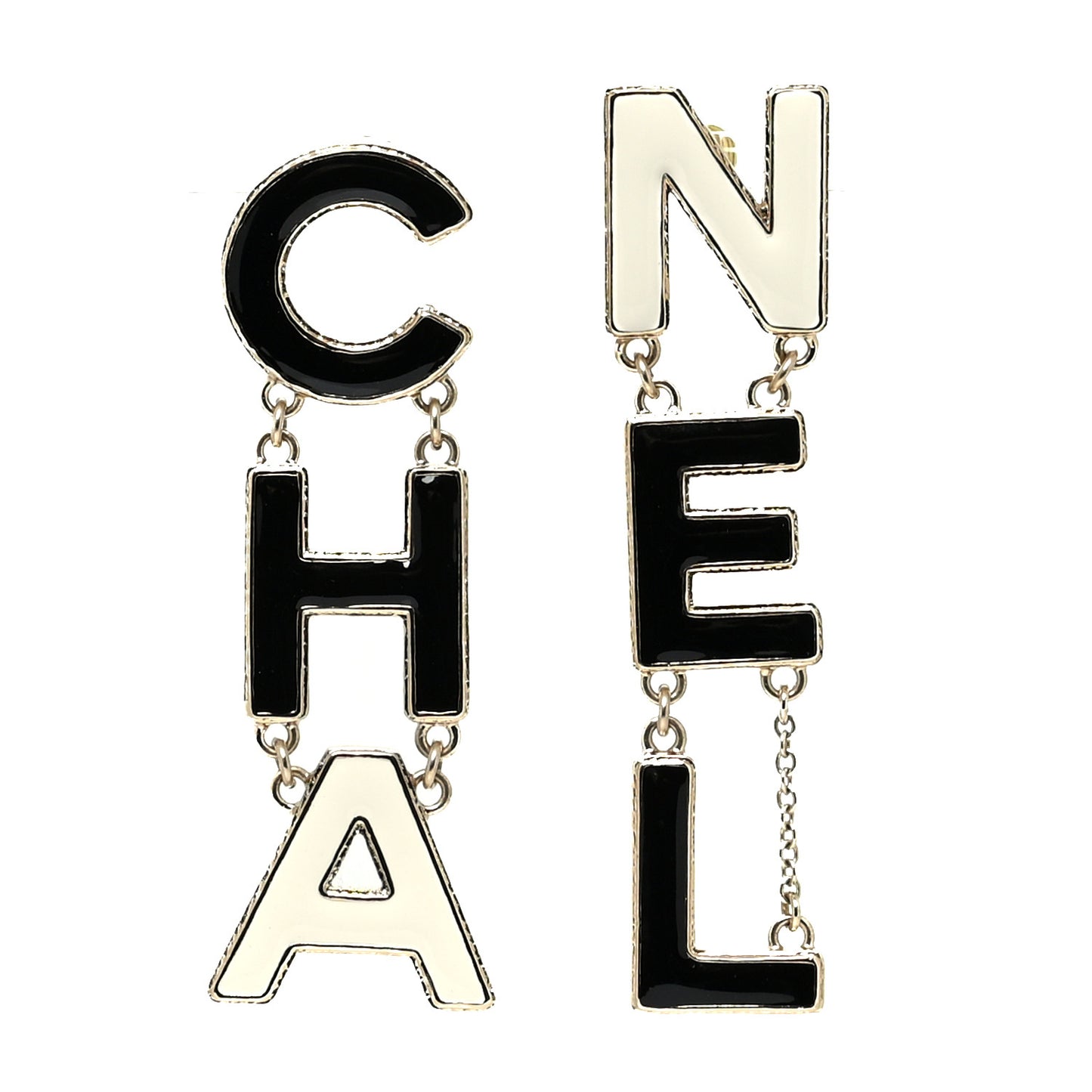 Metal Enamel Cha-Nel Logo Drop Earrings Black White