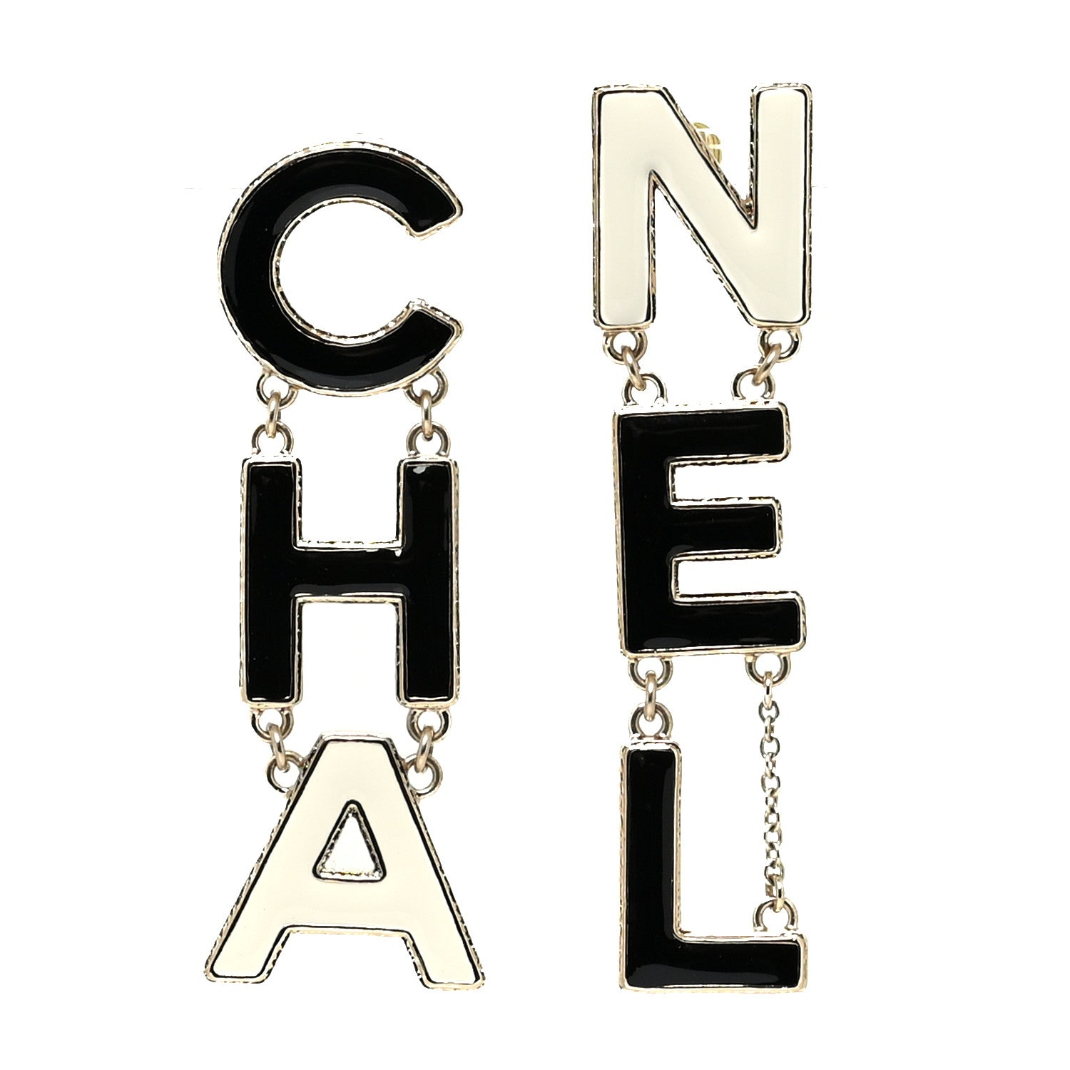 Chanel Metal Enamel Cha-Nel Logo Drop Earrings Black White 1 of 4