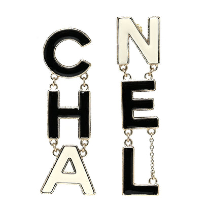 Chanel Metal Enamel Cha-Nel Logo Drop Earrings Black White 1 of 4