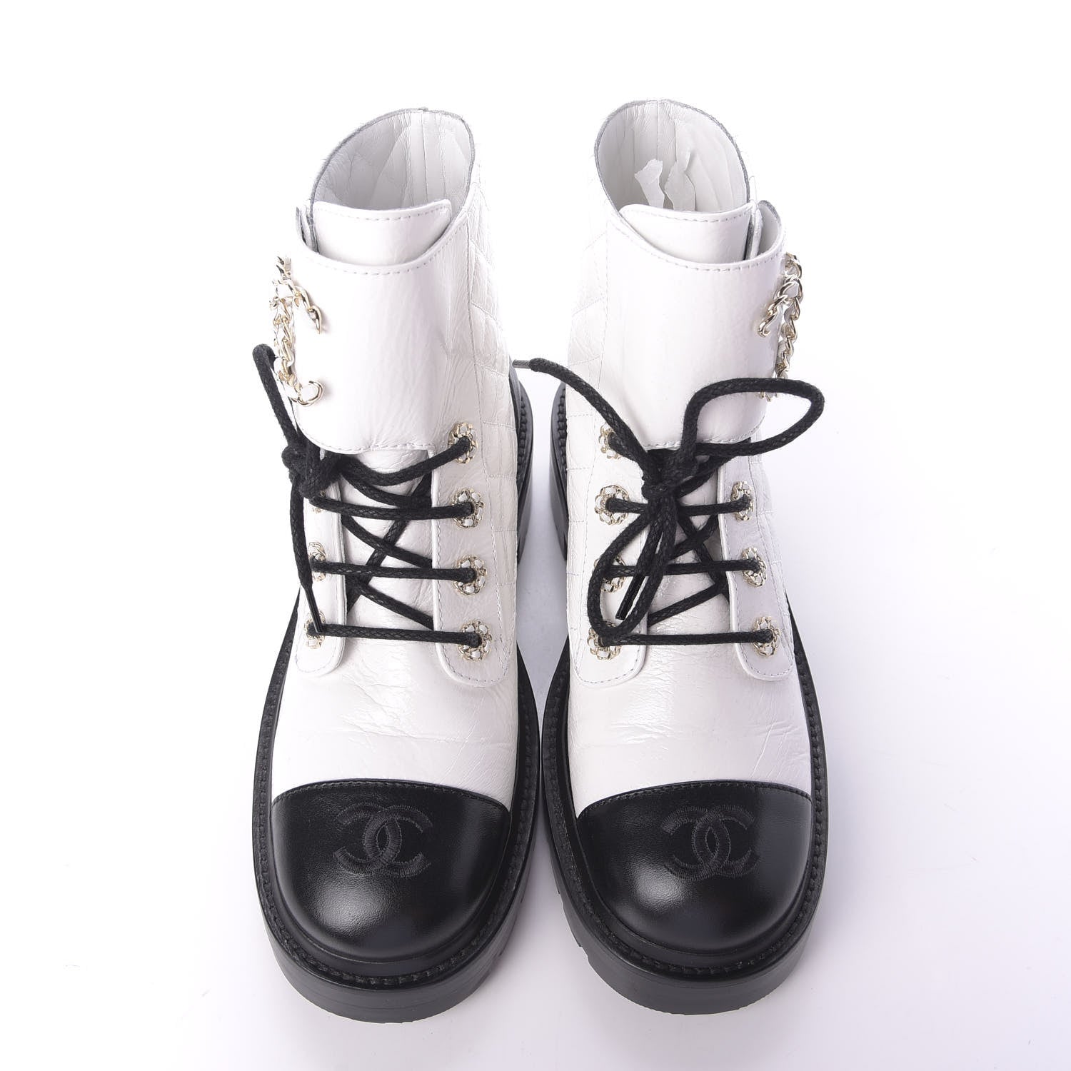 Chanel Shiny Goatskin Calfskin Quilted Lace Up Combat Boots 37.5 White Black 2 of 10