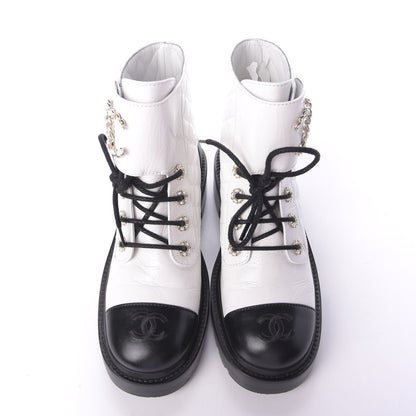 Chanel Shiny Goatskin Calfskin Quilted Lace Up Combat Boots 37.5 White Black 2 of 10