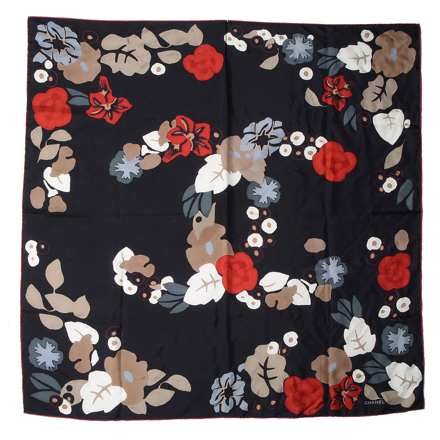 Silk CC Floral Square Scarf Black