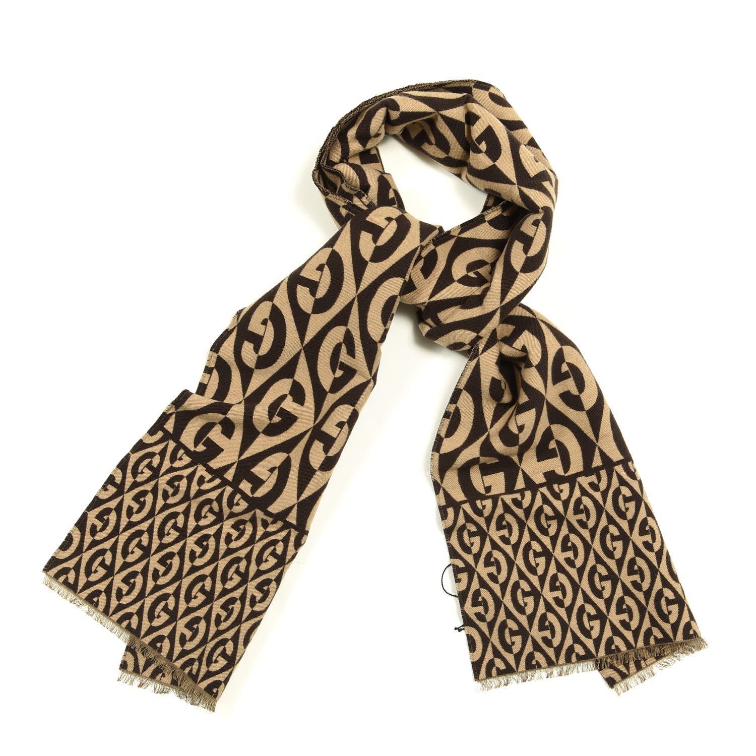 Gucci Wool Cotton Jacquard G Rhombus Scarf Beige Brown 1 of 4