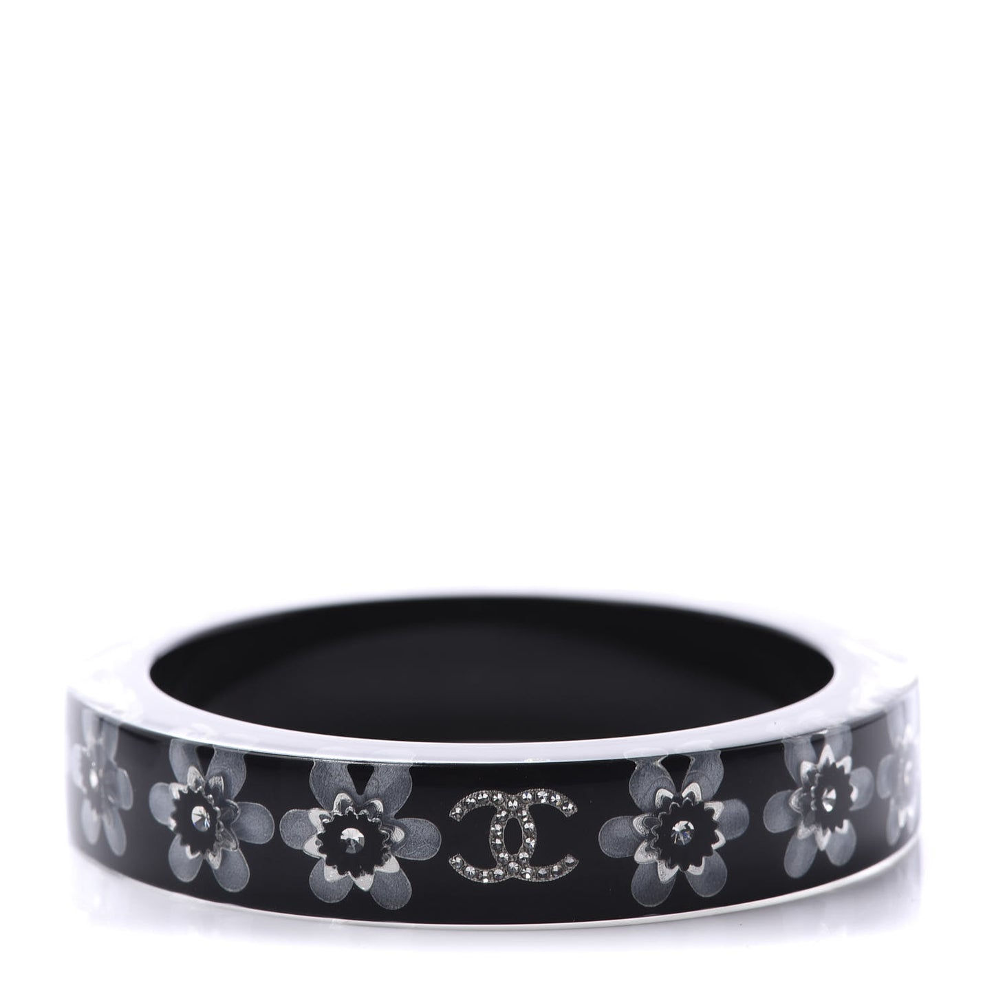Resin Crystal CC Floral Bangle Bracelet Black