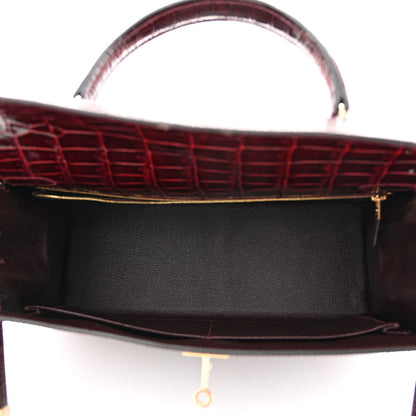 Hermes Shiny Porosus Crocodile 18K Rose Gold Diamond Kelly Sellier 35 Bordeaux 5 of 10