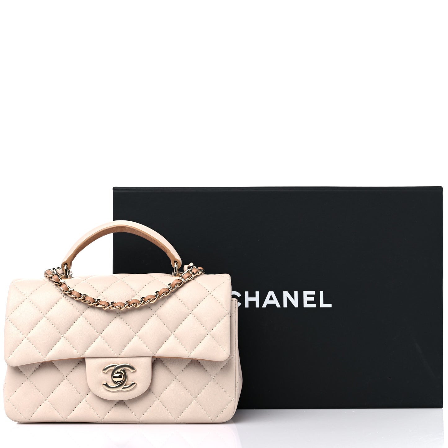 Lambskin Quilted Bi-Color Mini Top Handle Rectangular Flap Ecru Dark Beige