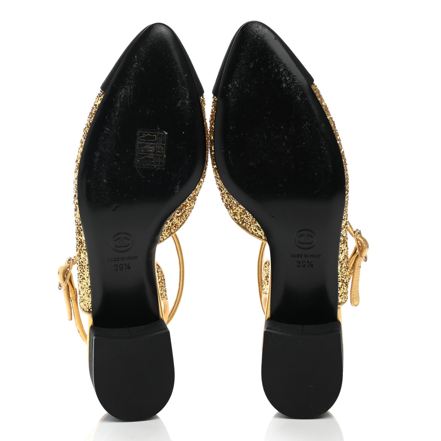 Glitter Grosgrain Cap Toe CC Ankle Wrap Pumps 39.5 Gold Black
