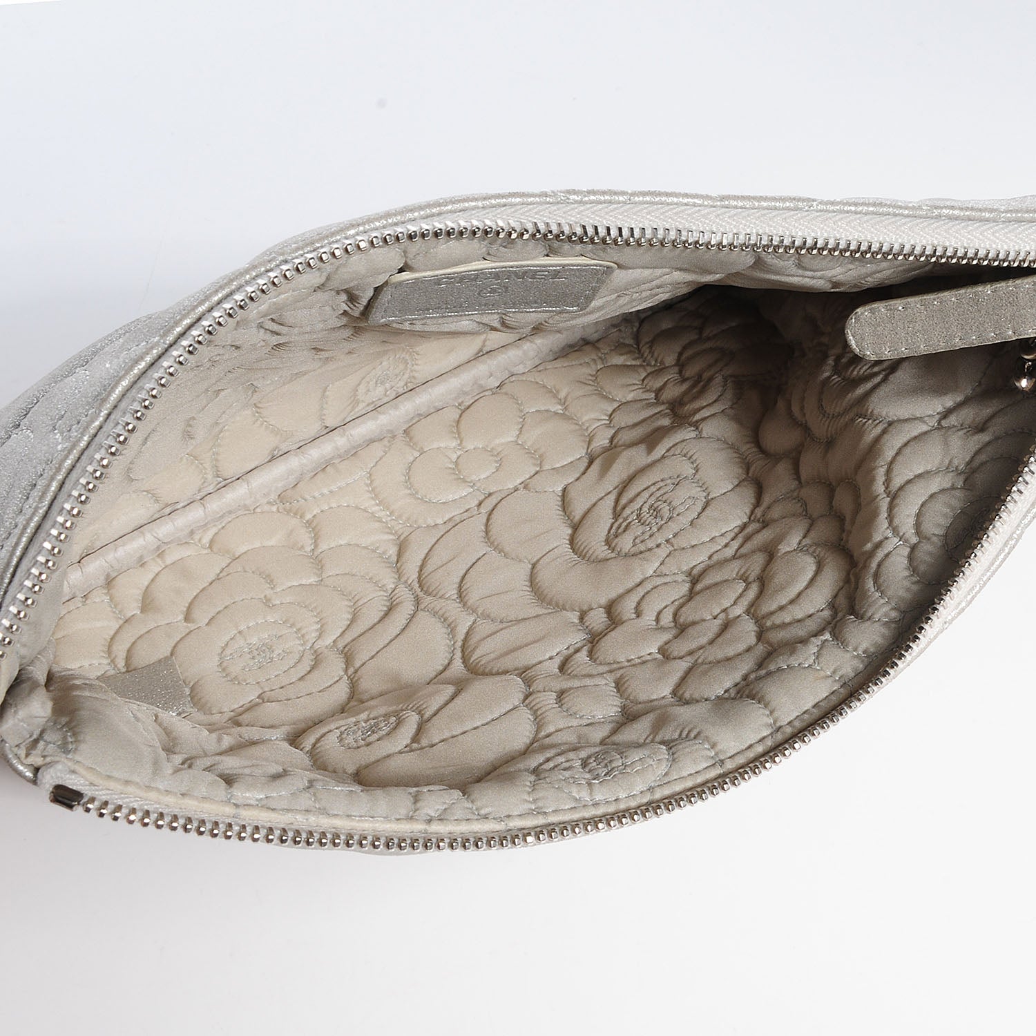 Chanel Goatskin Camellia Stitched Medium Cosmetic Case Silver 6 of 9