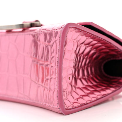 Balenciaga Metallic Shiny Calfskin Crocodile Embossed Hourglass Top Handle Bag XS Pink 11 of 16